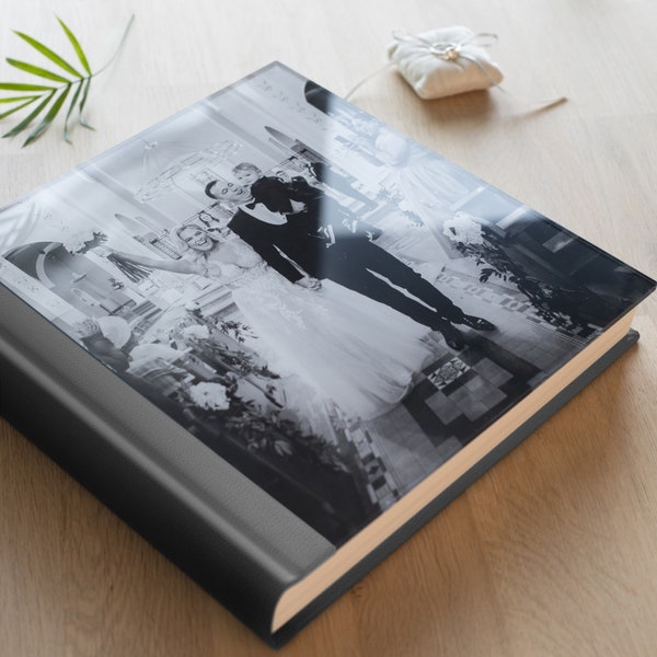 Luxury Wedding Photo Album with Glass Cover | Leather Lay Flat Photo Book | Bespoke Flash Mount Album