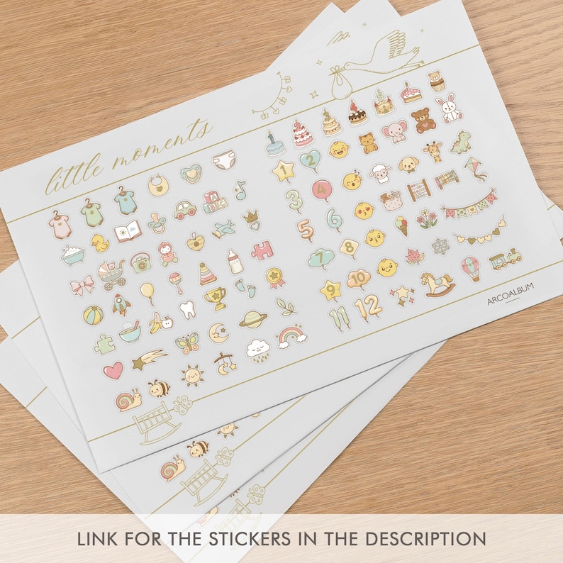 May include: Sheets of stickers with baby-themed illustrations in pastel colors. The stickers include various designs such as baby clothes, toys, and numbers. The phrase "little moments" is written in cursive. The stickers are on a light gray background.