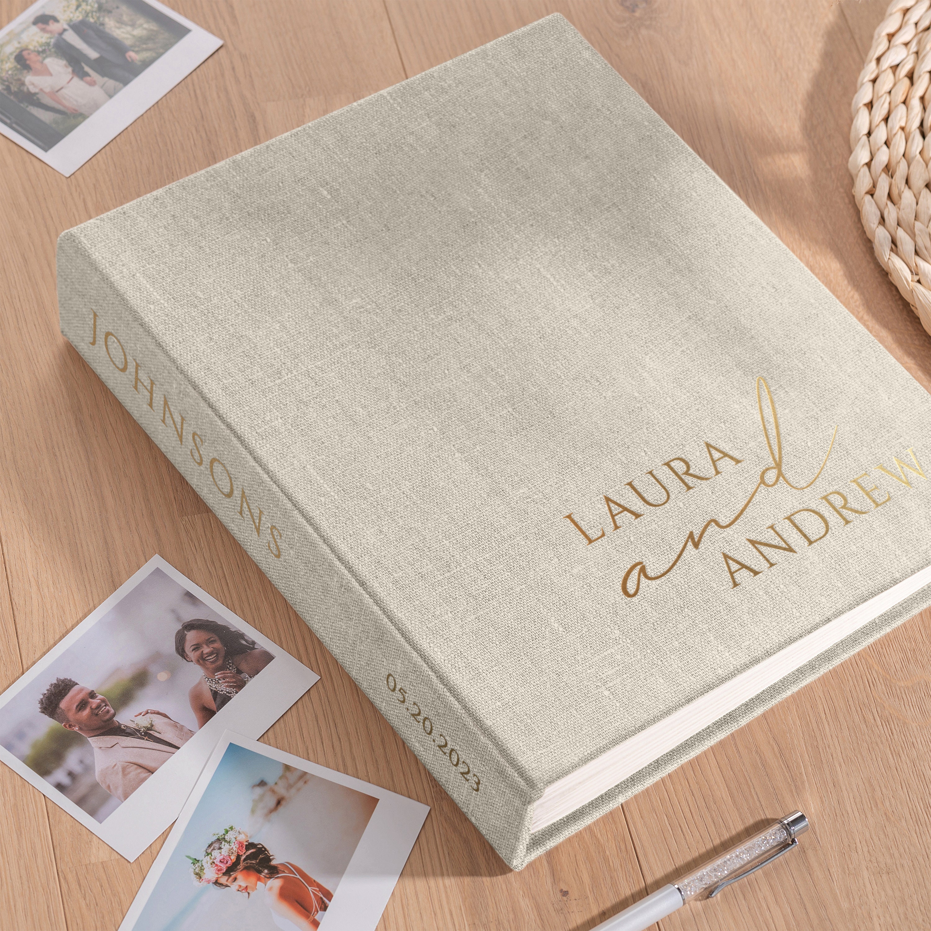 Linen Wedding Guest Book Alternative, Personalized Vertical Photo Guestbook for all Instant Photos, Photo Booth Book for 2x6 and 4x6 Photos.