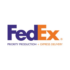 May include: The FedEx logo features the word FedEx in purple and orange lettering. The letters Fed are purple, and the letters Ex are orange. Below the logo, the text reads PRIORITY PRODUCTION + EXPRESS DELIVERY in a smaller font.