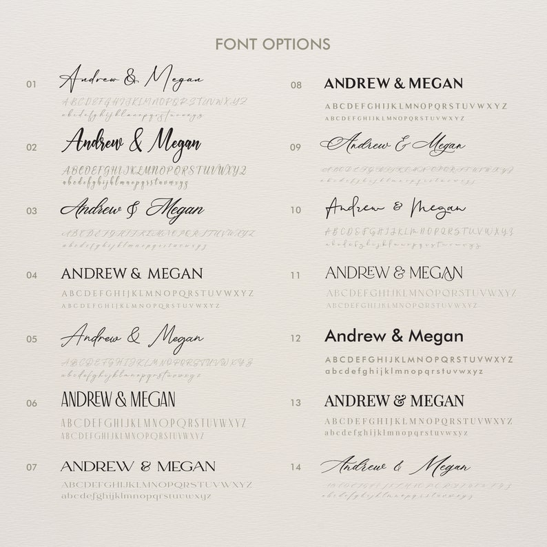 Puede incluir: Una exhibici&oacute;n de catorce opciones de fuentes diferentes para nombres, con el texto "Andrew & Megan" mostrado en varios estilos. Las fuentes var&iacute;an desde elegantes guiones hasta letras en negrita, con el texto "FONT OPTIONS" en la parte superior.