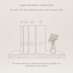 May include: Diagram showing album thickness and spine width based on the number of pages. Measurements are in inches and centimeters. A small vase with flowers sits on a shelf. Text reads: ALBUM THICKNESS | SPINE WIDTH.