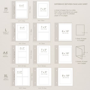 May include: A diagram showing various paper sizes, including 6x4 inches, 7x5 inches, and 8x10 inches, with corresponding metric measurements. The image also explains the difference between a page and a sheet of paper. Sizes include M, L, A4, and XL.