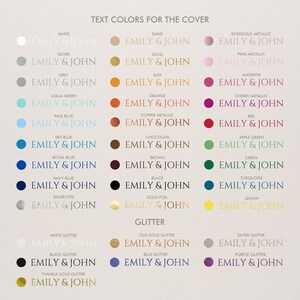 May include: A color chart displaying various text color options for a cover, featuring the name EMILY & JOHN in different shades including metallic, glitter, and matte finishes, organized in columns with labels for each specific color name.