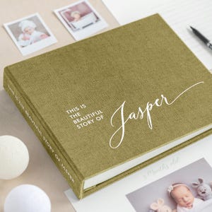 Eerstejaars babygeheugenboek, gepersonaliseerd natuurlijk linnen babyalbum, modern kraamcadeau, verhaal van jou, 5 jaar babyboek