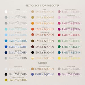 Puede incluir: Una tabla de colores de texto para una portada, mostrando opciones como blanco, plata, gris, aguamarina, azul p&aacute;lido, azul cielo, azul real, azul marino, plata brillante y purpurina. Cada color se combina con el texto "EMILY & JOHN".