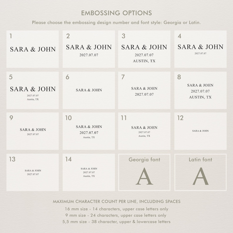 May include: A grid of fourteen numbered embossing options displaying various layouts of the text SARA & JOHN, dates, and locations. Includes font style examples for Georgia and Latin, plus character count limits for 16mm, 9mm, and 5.5mm sizes.