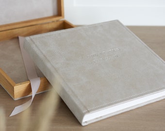 Lay Flat Wedding Album, Eco Leather Photo Album with Embossed Cover and Wooden Box Made with Ash wood