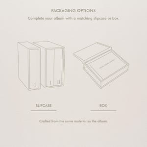 May include: Line drawing of packaging options: a slipcase with two album slots labeled I and II, and a box with the text "HERE THERE ALWAYS" inside. Text reads "PACKAGING OPTIONS" and "Complete your album with a matching slipcase or box."