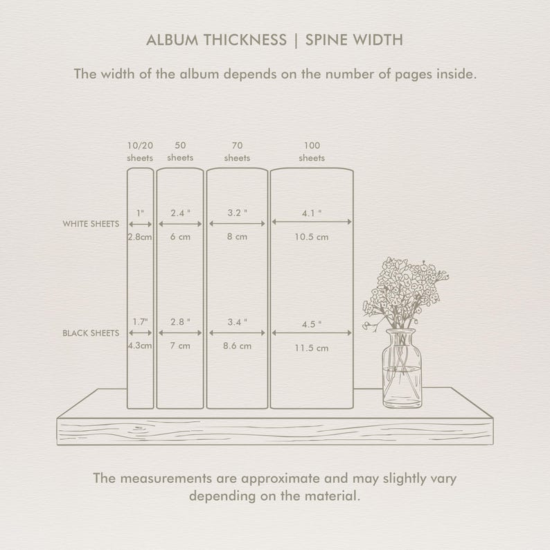 May include: Diagram illustrating album thickness and spine width based on the number of pages. Measurements are provided in inches and centimeters for albums with white and black sheets, ranging from 10/20 to 100 sheets. A vase of flowers sits on a shelf.