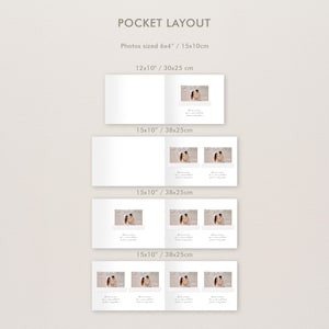 Puede incluir: Un diagrama de dise&ntilde;o de bolsillo para &aacute;lbumes de fotos. El diagrama muestra diferentes tama&ntilde;os de &aacute;lbumes, incluyendo 30x25 cm y 38x25 cm, con espacio para fotos de 15x10 cm. El texto "Best wishes for a love filled future together" es visible.