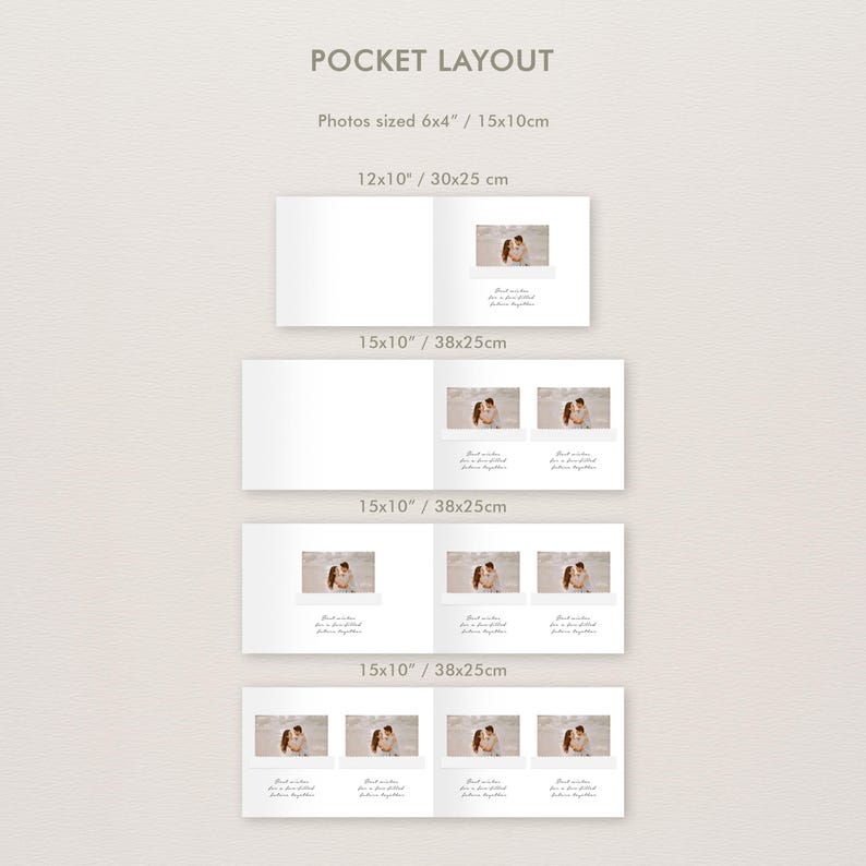 Puede incluir: Un diagrama de dise&ntilde;o de bolsillo para &aacute;lbumes de fotos. El diagrama muestra diferentes tama&ntilde;os de &aacute;lbumes, incluyendo 30x25 cm y 38x25 cm, con espacio para fotos de 15x10 cm. El texto "Best wishes for a love filled future together" es visible.