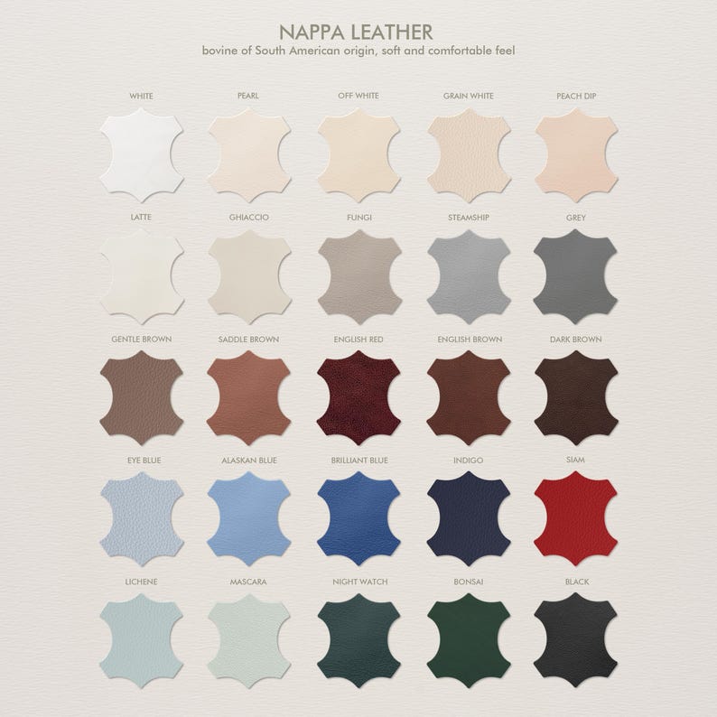 May include: A color chart of Nappa leather swatches in various shades, including white, beige, brown, blue, and black. The text at the top reads "Nappa Leather" and describes the leather's origin and feel.
