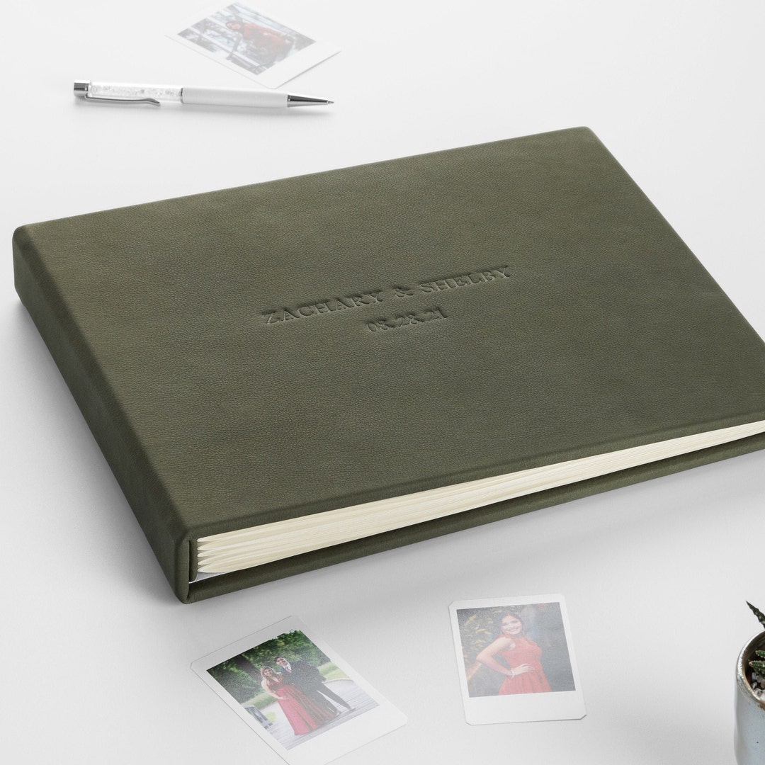 Instant Guest Book, Green Photo Album, Embossed Leather Guest Book for