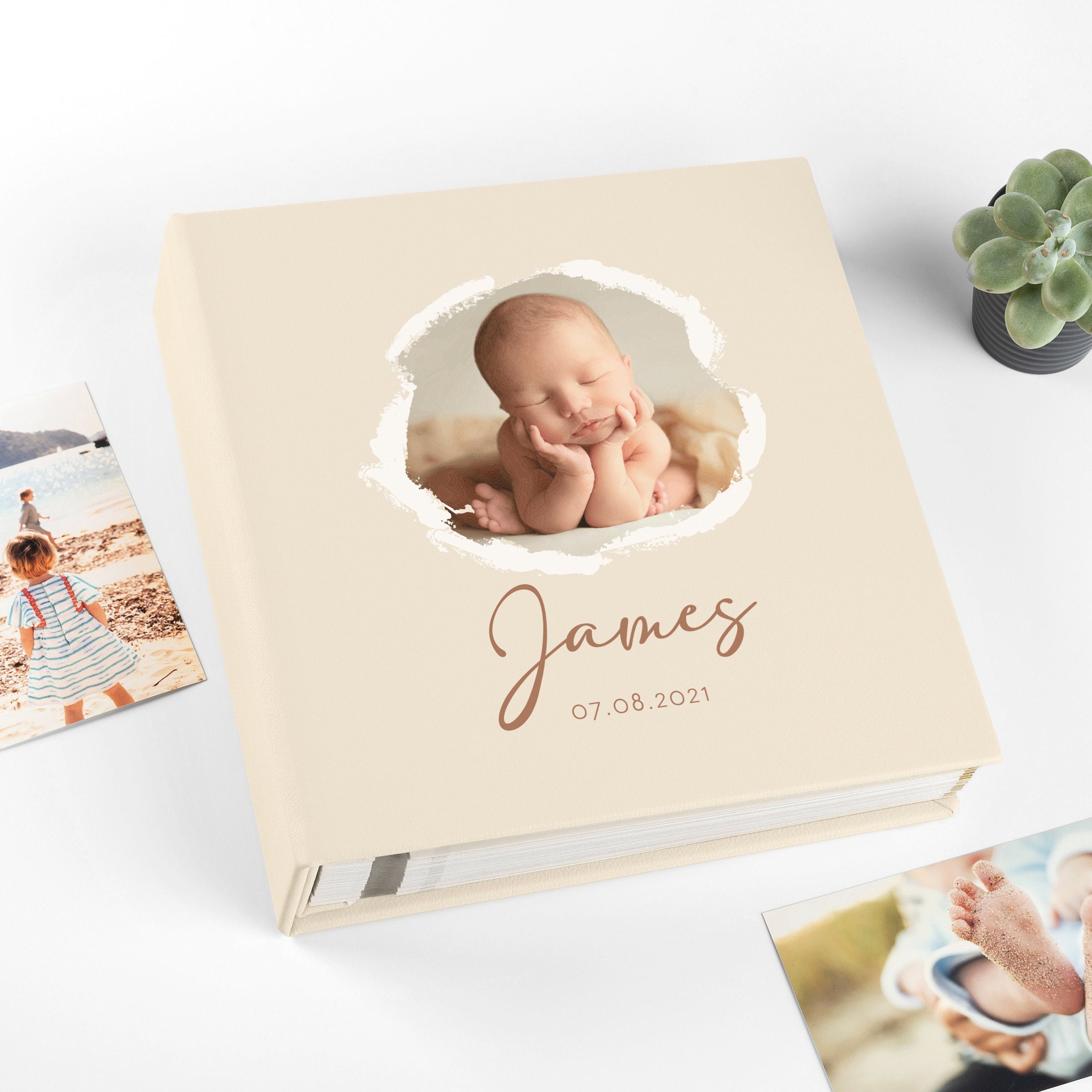 Linen Baby Photo Album With Sticky Pages, First Year Baby Memory