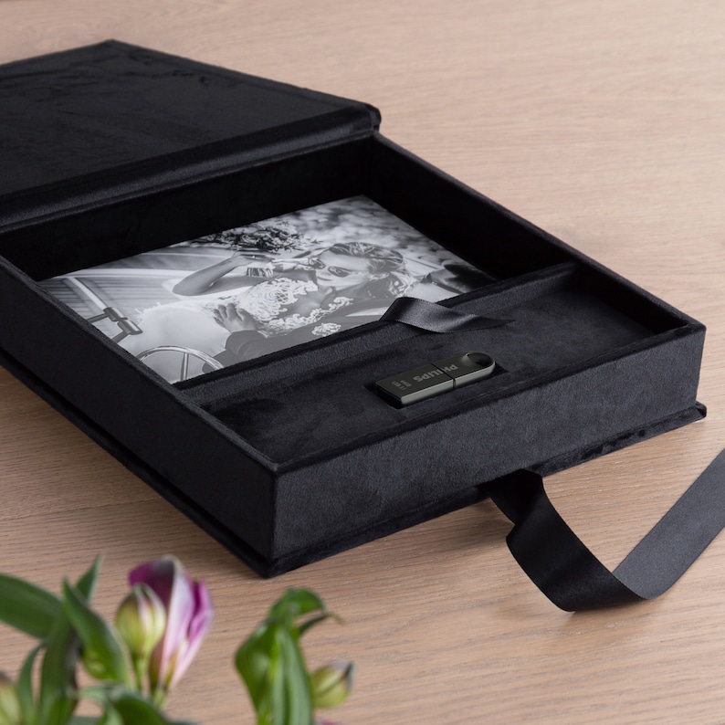 Personalized Photo Box for Photos 4x6, 5x7, 6x8, 8x10, 12x8, 12x12 Velvet Memory Box for Photos with USB 3.0 64 GB Flash Drive Included image 1