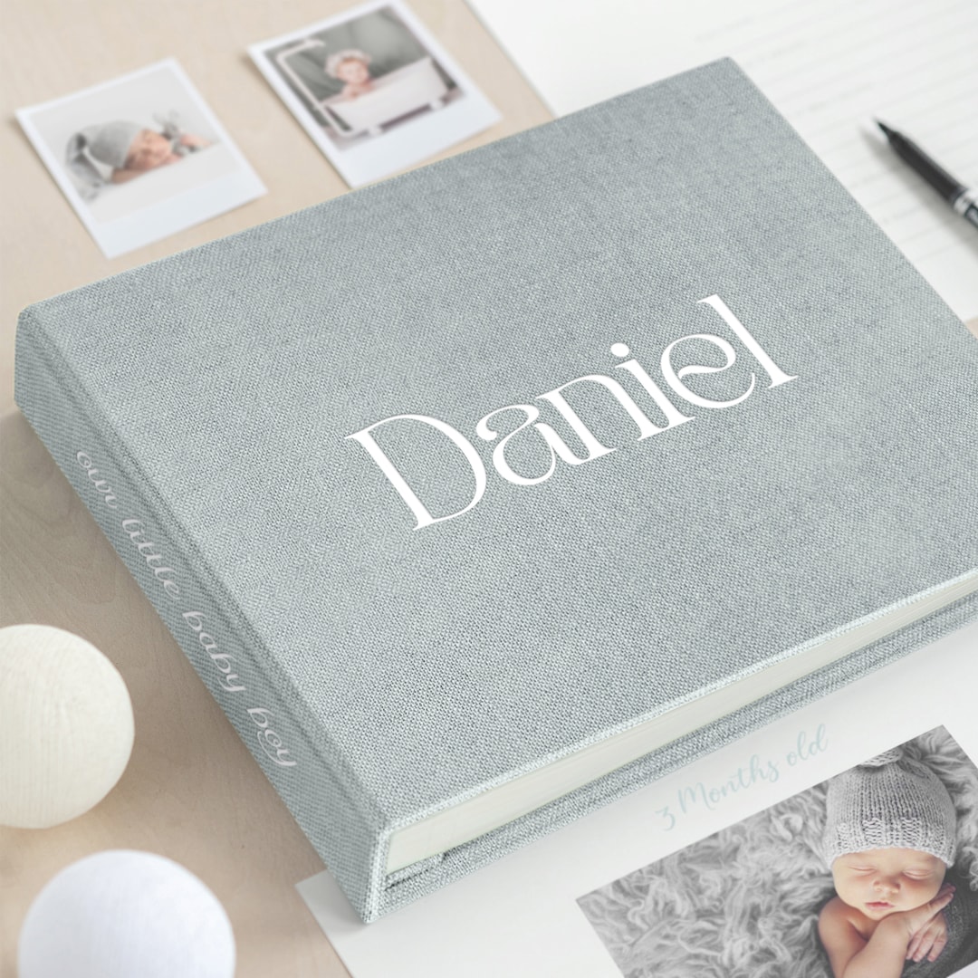 First Year Baby Boy Memory Book, Personalized Linen Baby Girl Photo