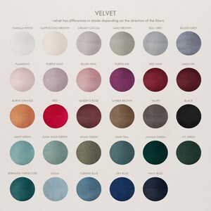 May include: A velvet color chart featuring thirty circular swatches arranged in five rows. Each circle is labeled with its specific color name, including vanilla white, cappuccino brown, flamingo, red, mint green, and navy blue, among others.