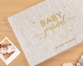Boek 5 jaar babygeheugen | Linnen baby aandenken dagboek | Cadeau babyshower, kersverse ouders of kersverse moeder