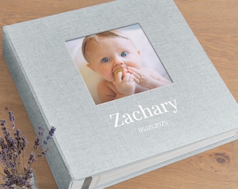Personalized Baby Photo Album | Custom Memory Book with Photo Window | Linen Self Adhesive Scrapbook