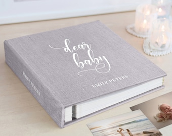 Linen Self Adhesive Baby Scrapbook Album, Personalized Photo Album with Sticky Pages, First Year Baby Memory Book, Baby Shower-New Mom Gift