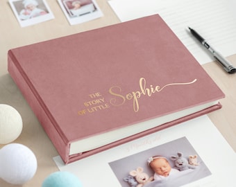 Livre de souvenirs pour bébé première année, album personnalisé pour bébé rose poudré, cadeau de baby shower moderne, histoire de vous, livre de bébé de 5 ans