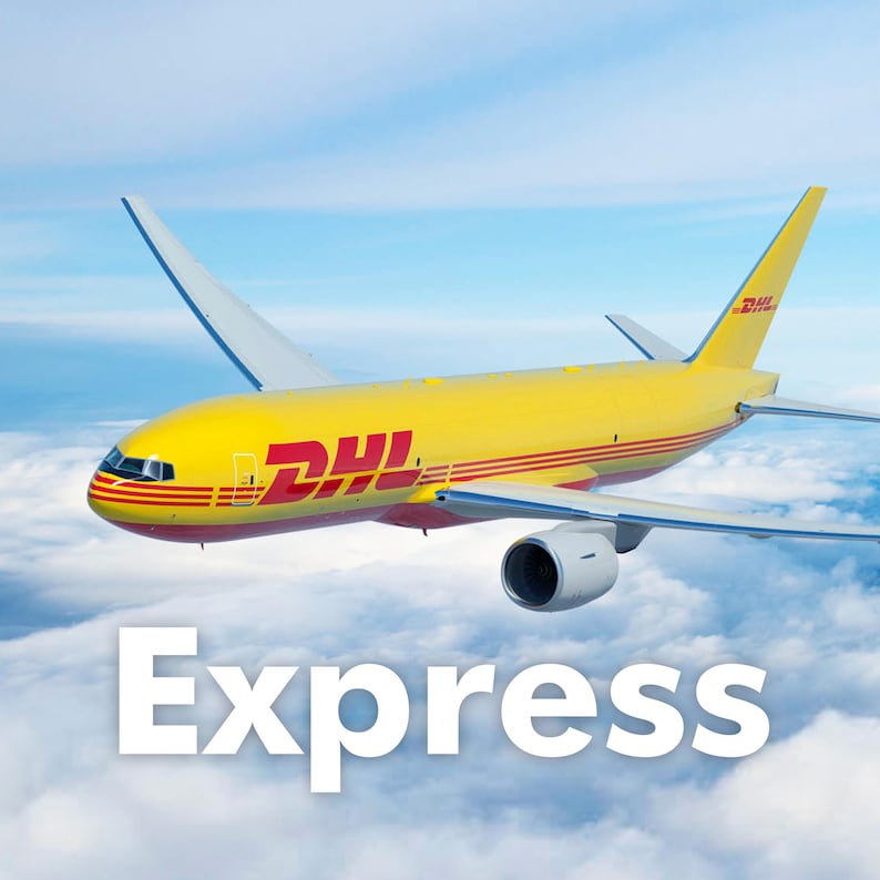May include: A yellow and red DHL airplane flying in a cloudy sky with the word "Express" in white text below the plane.