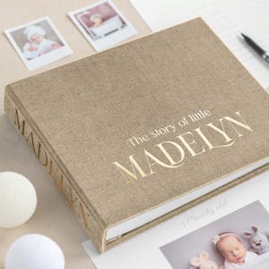 Album dei ricordi del primo anno di vita del neonato, album fotografico personalizzato in lino per neonata, regalo moderno per baby shower, album per neonati di 5 anni, regalo perfetto per neomamme.