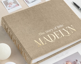 First Year Baby Boy Memory Book, Personalized Linen Baby Girl Photo Album, Modern Baby Shower Gift, 5 Years Baby Book, Best New Mom Gift