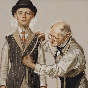 May include: An illustration of a tailor measuring a young man for a suit. The young man wears a black bowler hat, a vest with pinstripes, and a white shirt. The tailor, an older man, wears glasses and a measuring tape around his neck.