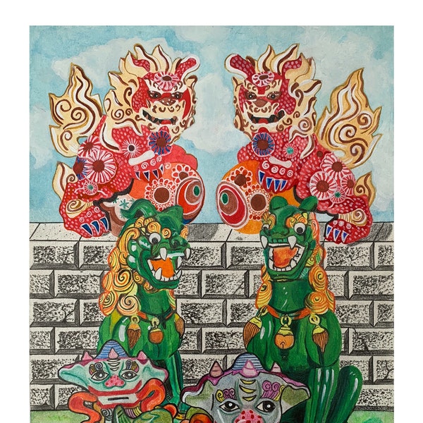 foo dog, foo dos, art print, rare, unique, antique frame, painting, chinese foo dog, gay art, rare art, art, dog, dragon, cute dog, unique