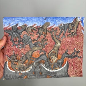 May include: A colorful illustration depicting a scene with several demonic figures. The artwork features a blue sky, a red and orange background, and a dark, stylized foreground. The demons are in various poses, with horns and claws.