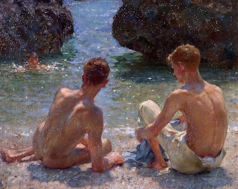Vintage Male Art Print, Summer Beach Scene, Queer Art (20.5cm)