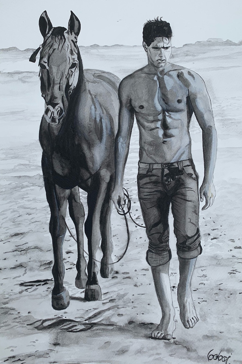 Tom Cruise painting, male art, actor men man body, sexy man, men at beach, man with horse, horse painting, original painting, wall art decor image 1