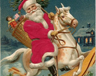 Small Christmas Art Poster for Decoration, Santa Claus or Father Christmas with a Horse artwork