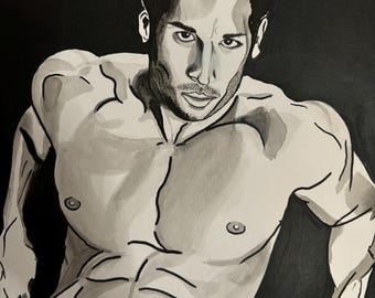 male body art, queer man, gay man, bisexual man, LGBTQ art, original painting art, rare painting, birthday gift, gay man, gay handsome man