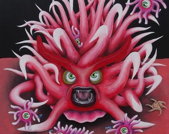 medusa sea slug, nudibranch, nature art, monster, odd rare weird unique art, original painting, mushroom art, sea shell, stop climate change