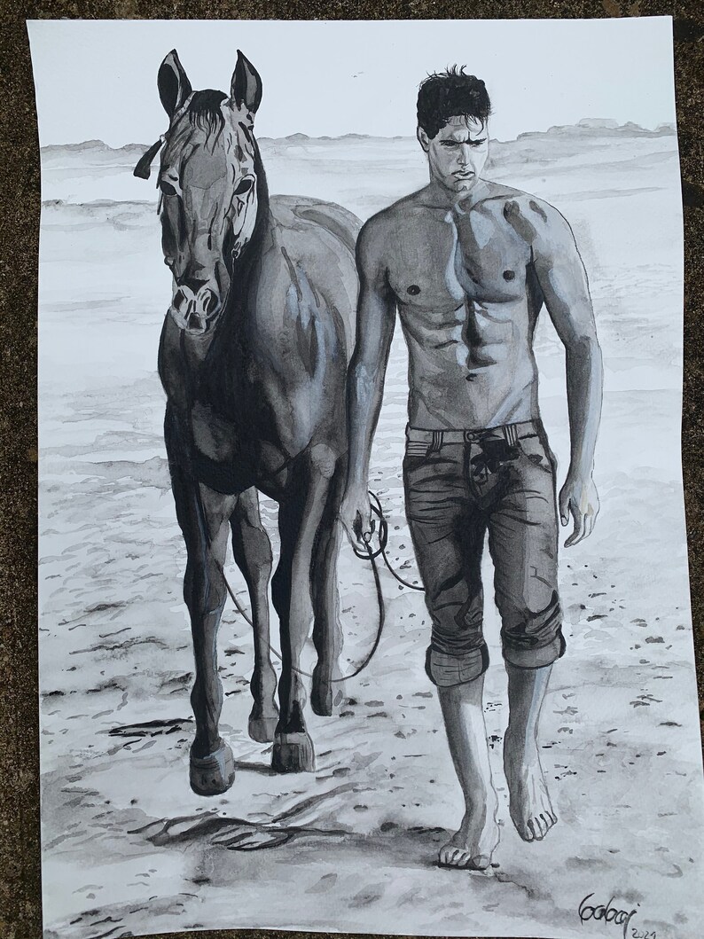 Tom Cruise painting, male art, actor men man body, sexy man, men at beach, man with horse, horse painting, original painting, wall art decor image 2