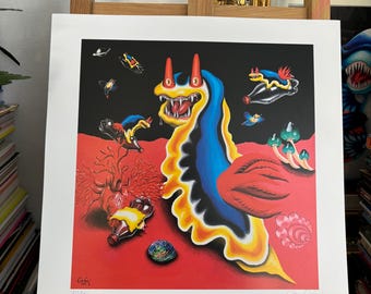 Christmas Present, Sea Slug Animal Art, Nudibranch Climate Change Art, Sea Shell with Coral Reef Artwork