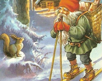 Small Christmas Art Poster for Decoration, Skiing Gnome with Squirrel the snow art print