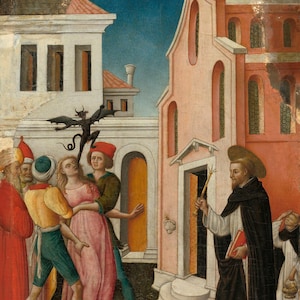 Puede incluir: Una pintura de estilo renacentista representa una escena religiosa con figuras vestidas de época. Una mujer con un vestido rosa es conducida hacia una iglesia por varias personas. Un hombre con una túnica negra sostiene un libro y un bastón. Edificios y un cielo azul oscuro forman el fondo.