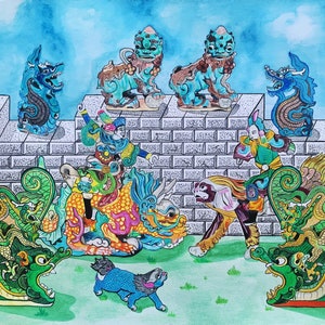 Pode incluir: Ilustração colorida de figuras de guardiões chineses e criaturas míticas. A obra apresenta um muro de tijolos com dragões turquesa e estátuas com forma de leão. Abaixo, figuras montam bestas fantásticas numa cena vibrante com céu azul.