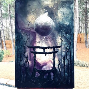 Path to Purgatory - Original Painting - Shadowed Twilight Torii Gate with Dark Totems and Leafless Trees beneath Full Surreal Moon