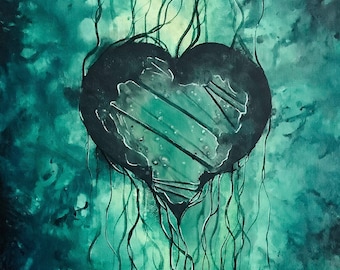 The Heart Reforged - Dark Art Print - Deep Green Broken Heart