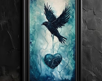 Bearer of Broken Things - Emotional Art Print - Crow Carrying Surreal Shattered Heart on Chain