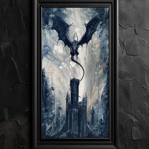 May include: A framed fantasy art print featuring a dark dragon with outstretched wings soaring above a gothic castle. The artwork is predominantly black and shades of blue, creating a dramatic and mysterious scene. The frame is black.