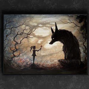 May include: A framed artwork depicting a young girl offering a red flower to a large, dark wolf-like creature. The scene is set in a surreal, dreamlike landscape with bare trees and a cloudy sky. The artwork is framed in black.