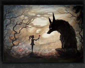 Gift for a Guardian - Dark Wolf Art Print - Shadowy Girl Offers Flowers to Giant Canine
