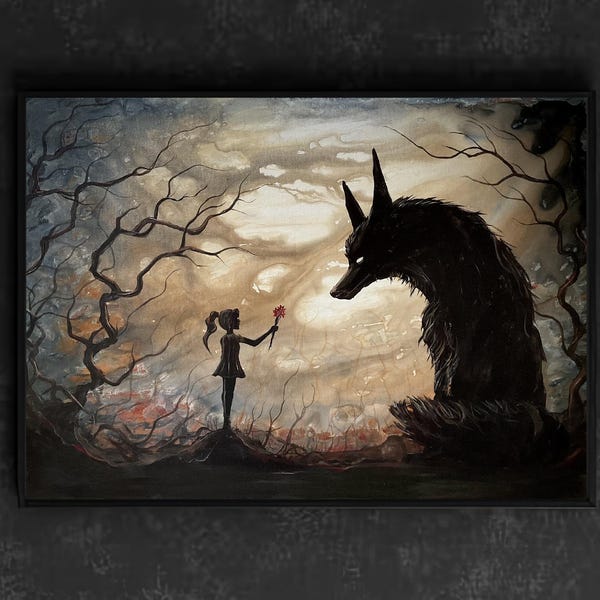 May include: A framed artwork depicting a young girl offering a red flower to a large, dark wolf-like creature. The scene is set in a surreal, dreamlike landscape with bare trees and a cloudy sky. The artwork is framed in black.