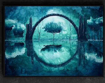 Espejo de nosotros mismos - Lámina artística brillante - Puente oscuro sobre aguas tranquilas y reflectantes de color verde profundo